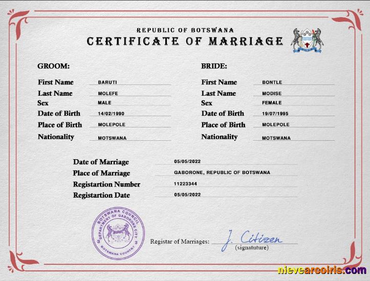 Editable Botswana Marriage Certificate PSD Template