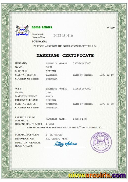 Professional Botswana Marriage Certificate Word And PDF Template