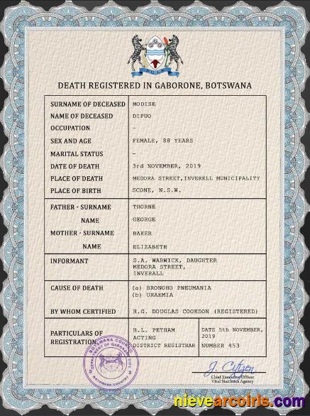 Premium Botswana Vital Record Death Certificate PSD Template