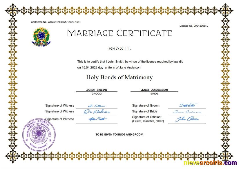 Realistic Brazil Marriage Certificate Word And PDF Template