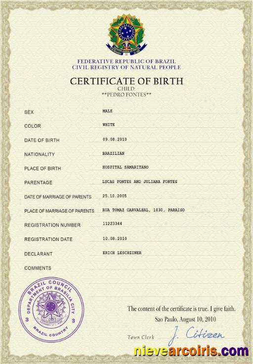 Realistic Brazil Vital Record Birth Certificate PSD Template