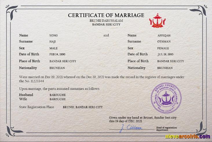 Realistic Brunei Marriage Certificate PSD Template