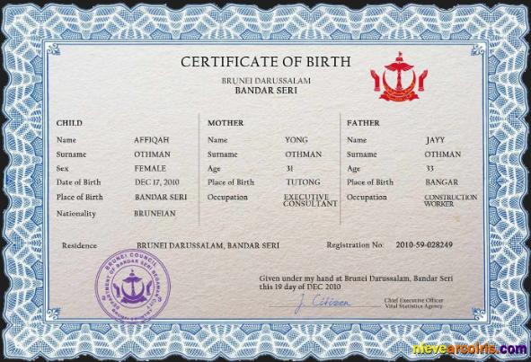 Editable Brunei Vital Record Birth Certificate PSD Template