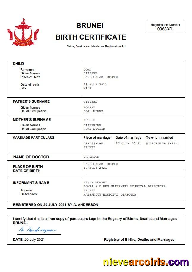 Editable Brunei Vital Record Birth Certificate Word And PDF Template