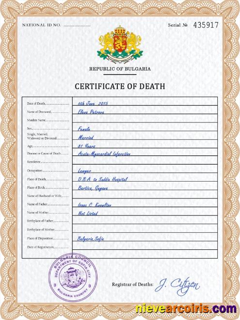 Bulgaria Death Certificate Sample