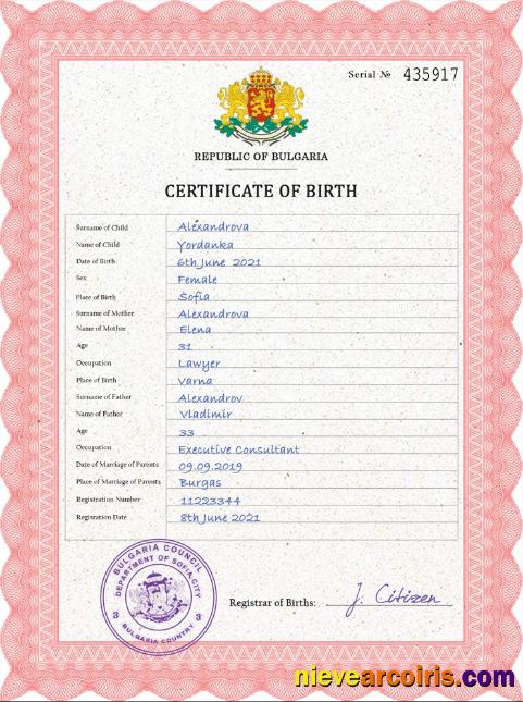 Realistic Bulgaria Birth Certificate PSD Template