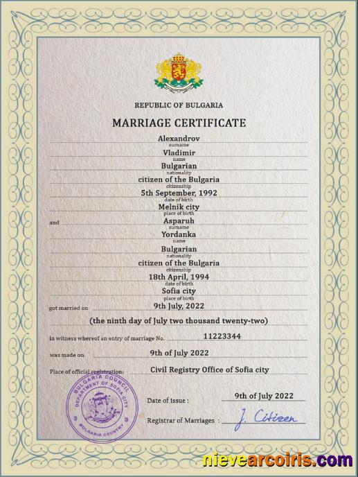 Realistic Bulgaria Marriage Certificate PSD Template,