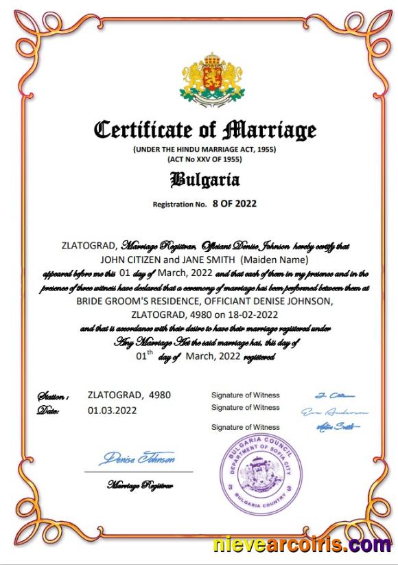 Editable Bulgaria Marriage Certificate Word And PDF Template