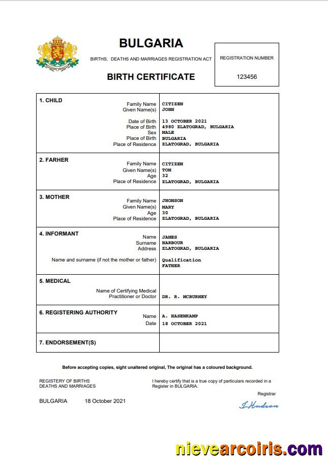 Realistic Bulgaria Vital Record Birth Certificate Word And PDF Template