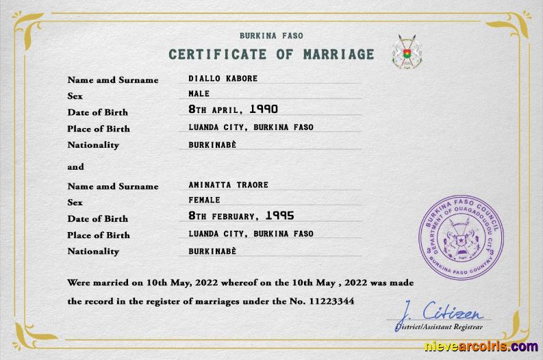 Professional Burkina Faso Marriage Certificate PSD Template