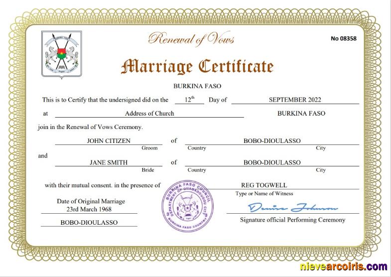 Professional Burkina Faso Marriage Certificate Word And PDF Template
