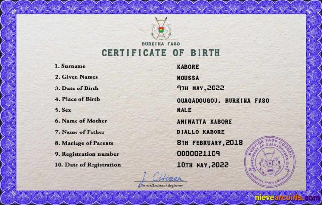 Realistic Burkina Faso Vital Record Birth Certificate PSD Template
