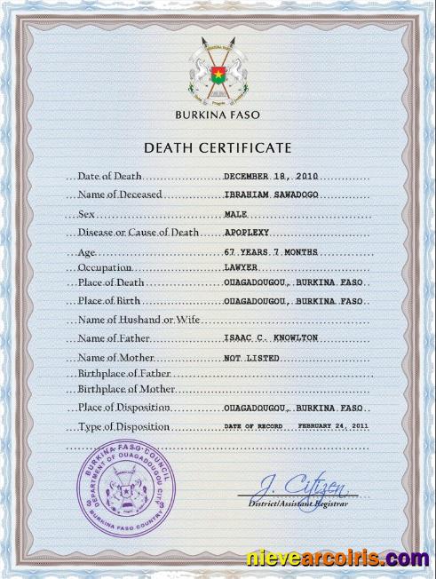 Premium Burkina Faso Vital Record Death Certificate PSD Template