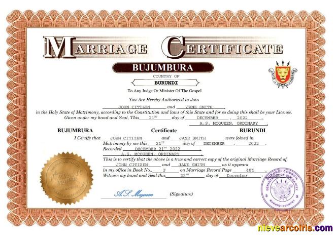Professional Burundi Marriage Certificate Word And PDF Template