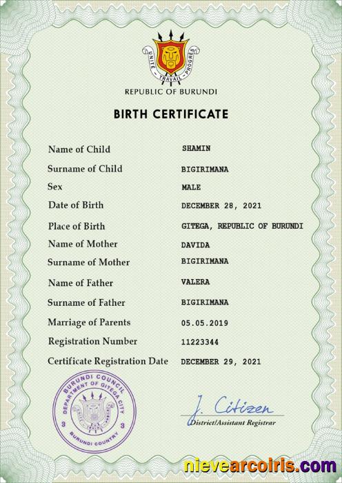 Professional Burundi Vital Record Birth Certificate PSD Template