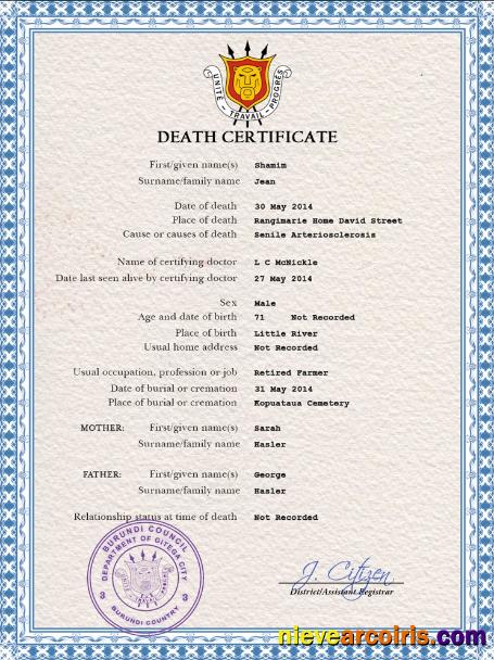 Editable Burundi Vital Record Death Certificate PSD Template