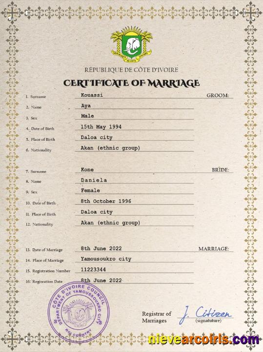 Premium Côte D’Ivoire Marriage Certificate PSD Template