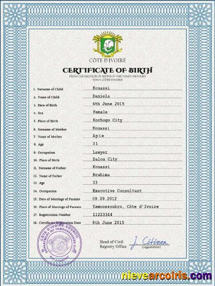 Editable Côte D’Ivoire Vital Record Birth Certificate PSD Template