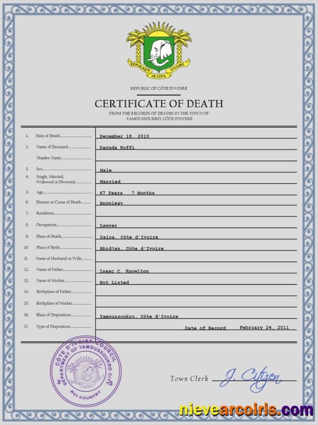 Editable Côte D’Ivoire Vital Record Death Certificate PSD Template