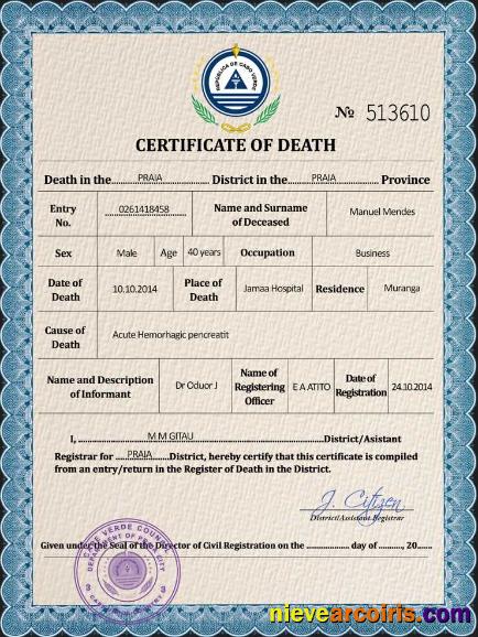 Realistic Cabo Verde Death Certificate PSD Template