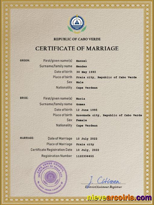 Premium Cabo Verde Marriage Certificate PSD Template