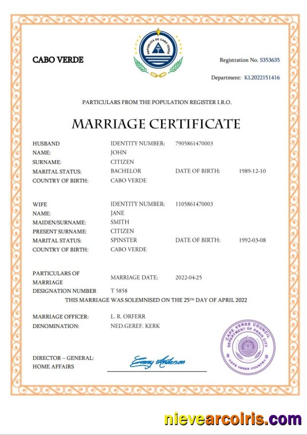 Premium Cabo Verde Marriage Certificate Word And PDF Template
