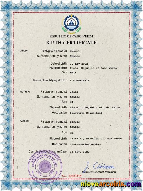 Professional Cabo Verde Vital Record Birth Certificate PSD Template