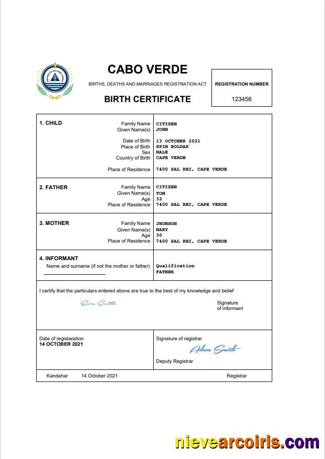 Realistic Cabo Verde Vital Record Birth Certificate Word And PDF Template