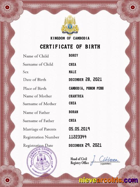 Premium Cambodia Birth Certificate PSD Template