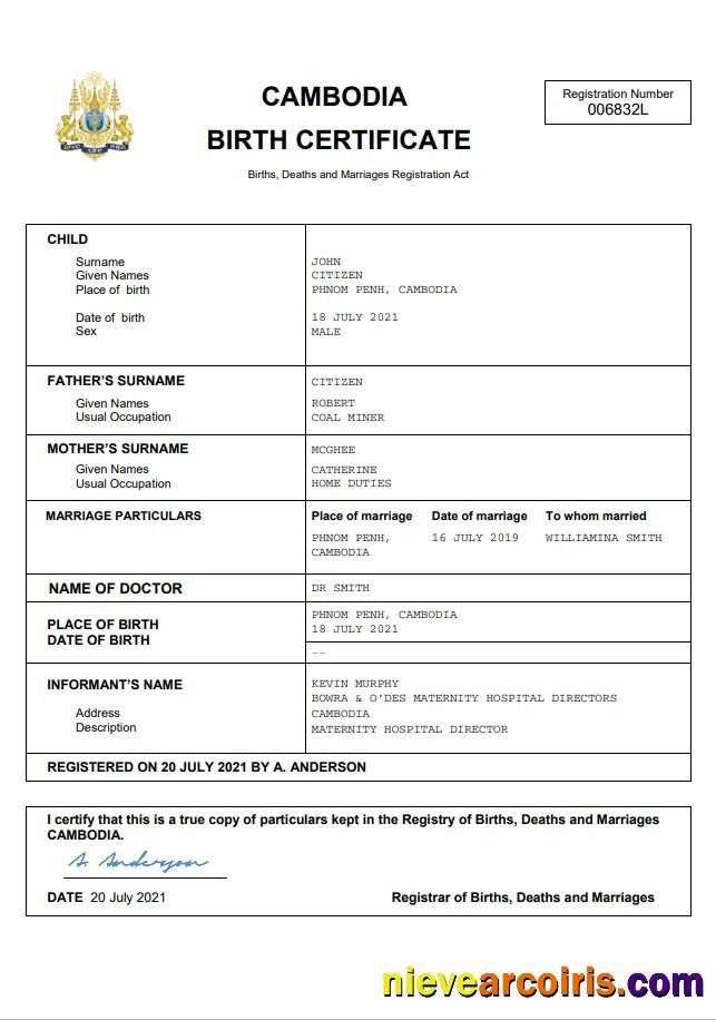 Premium Cambodia Birth Certificate Word And PDF Template