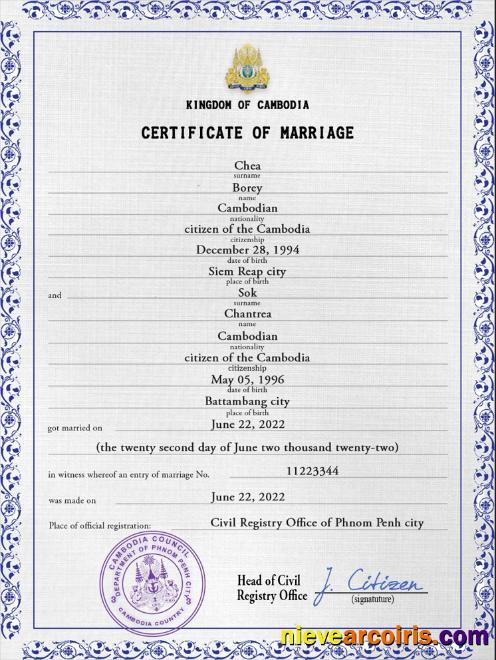 Premium Cambodia Marriage Certificate PSD Template