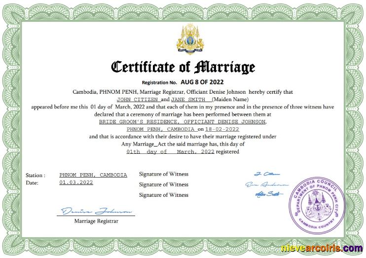 Editable Cambodia Marriage Certificate Word And PDF Template