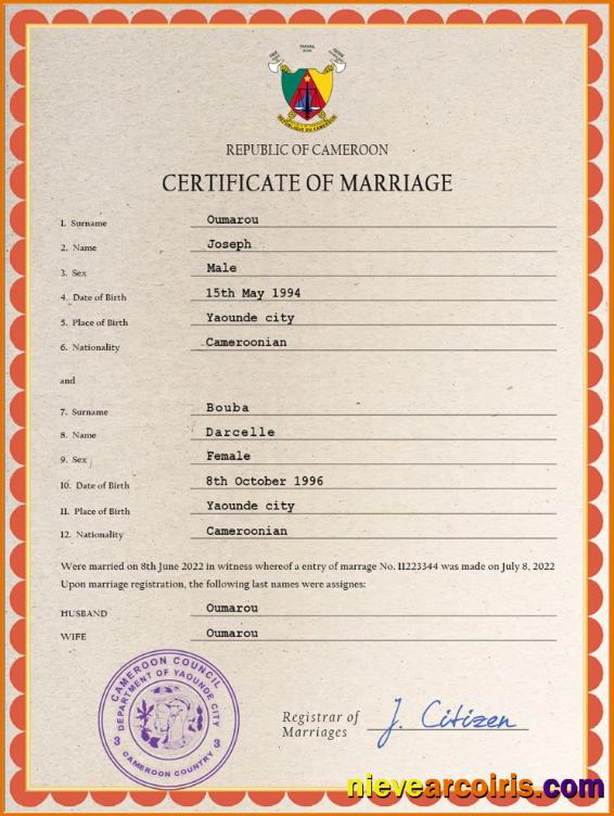 Editable Cameroon Marriage Certificate PSD Template