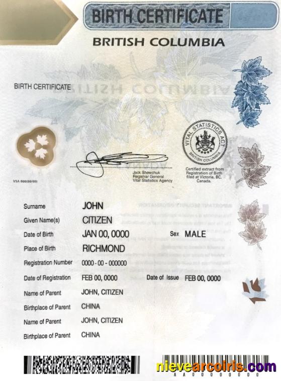 Realistic Canada British Columbia Birth Certificate Template In PSD