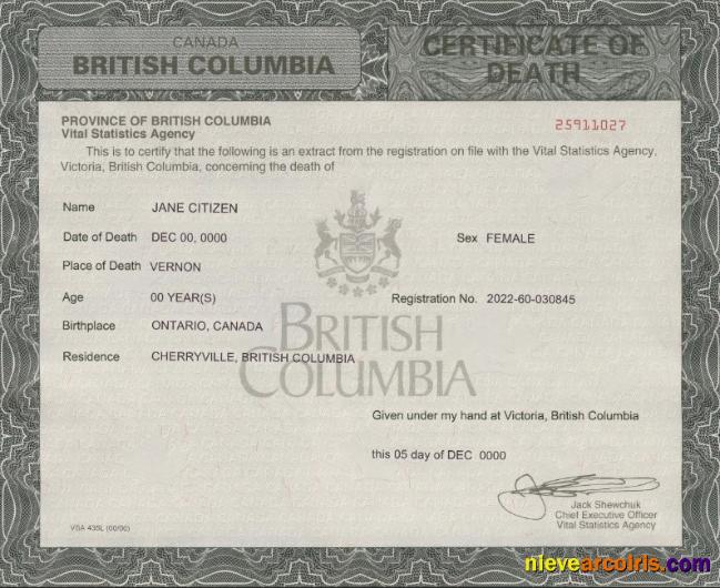 Premium Canada British Columbia Death Certificate Template In PSD Format