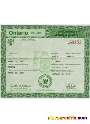 Canada Ontario Death Certificate Preview