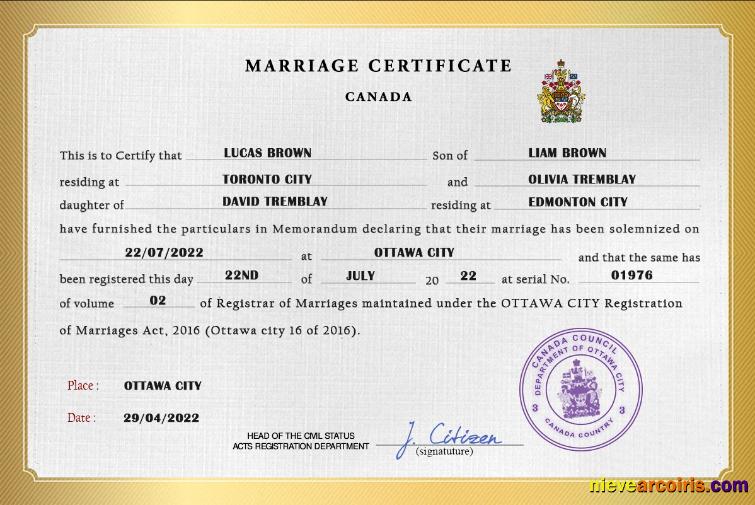 Professional Canada Marriage Certificate PSD Template