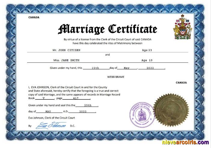 Professional Canada Marriage Certificate Word And PDF Template
