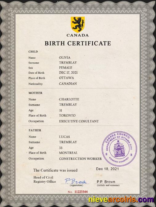 Editable Canada Vital Record Birth Certificate PSD Template