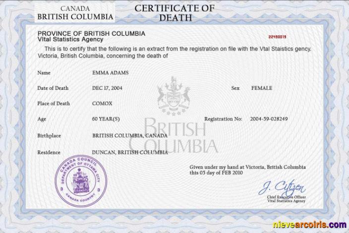 Realistic Canada Vital Record Death Certificate PSD Template