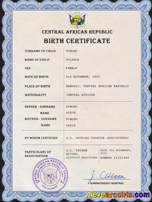 Central African Republic Birth Certificate Template