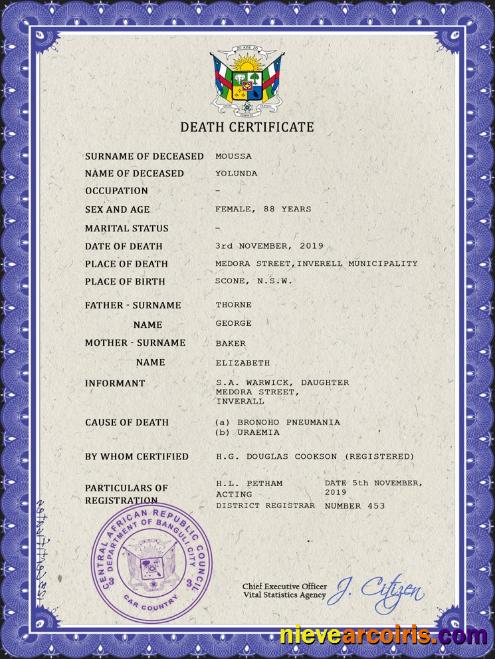 Realistic Central African Republic Death Certificate PSD Template