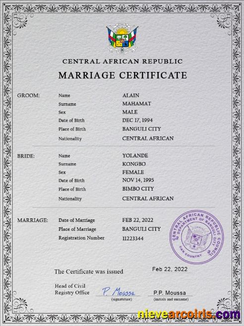 Premium Central African Republic Marriage Certificate PSD Template