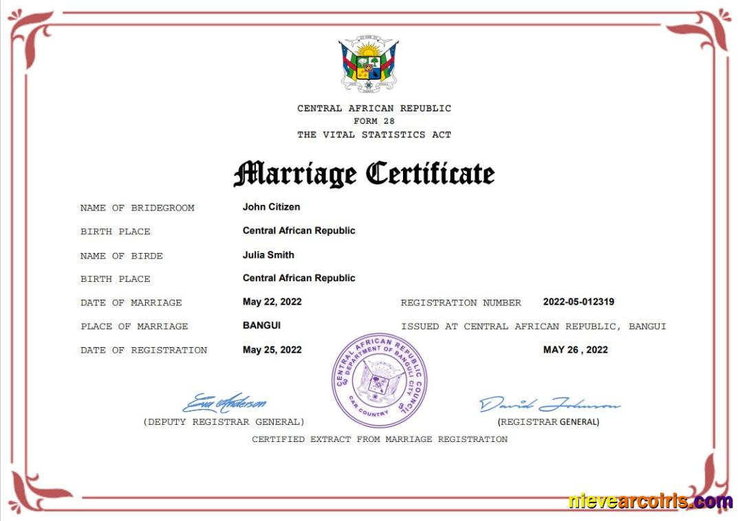Professional Central African Republic Marriage Certificate Word And PDF Template