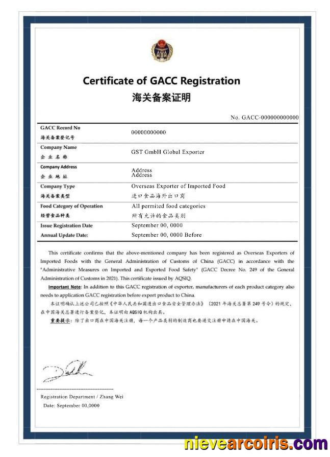 Certificate Of GACC Registration Template