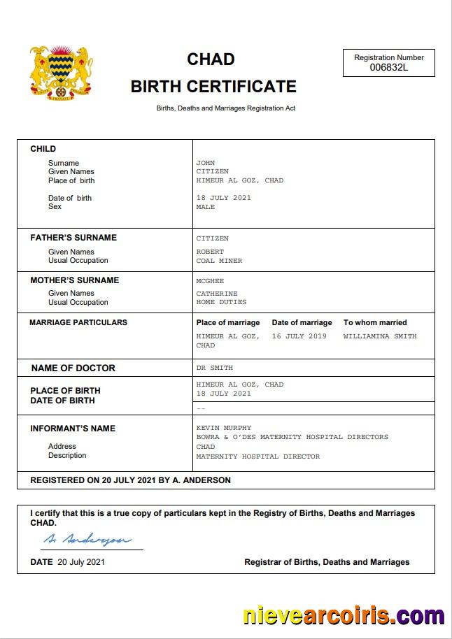 Premium Chad Birth Certificate Word And PDF Template