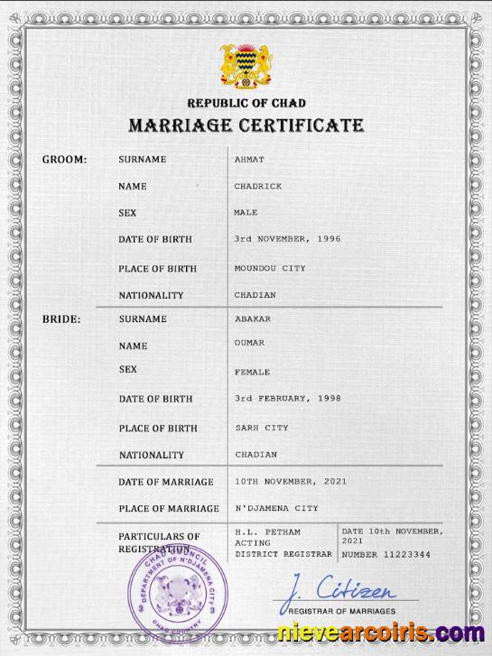 Realistic Chad Marriage Certificate PSD Template