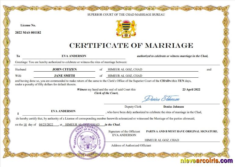 Editable Chad Marriage Certificate Word And PDF Template