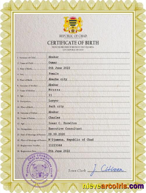 Premium Chad Vital Record Birth Certificate PSD Template