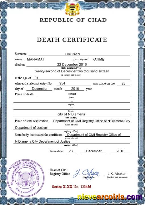 Premium Chad Vital Record Death Certificate PSD Template
